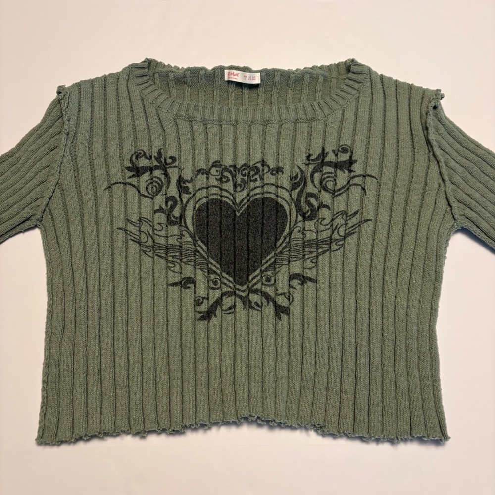 Romwe Ribbed Graphic Sweater Women L Green Heart Wing Grunge Alt Raw Seam
